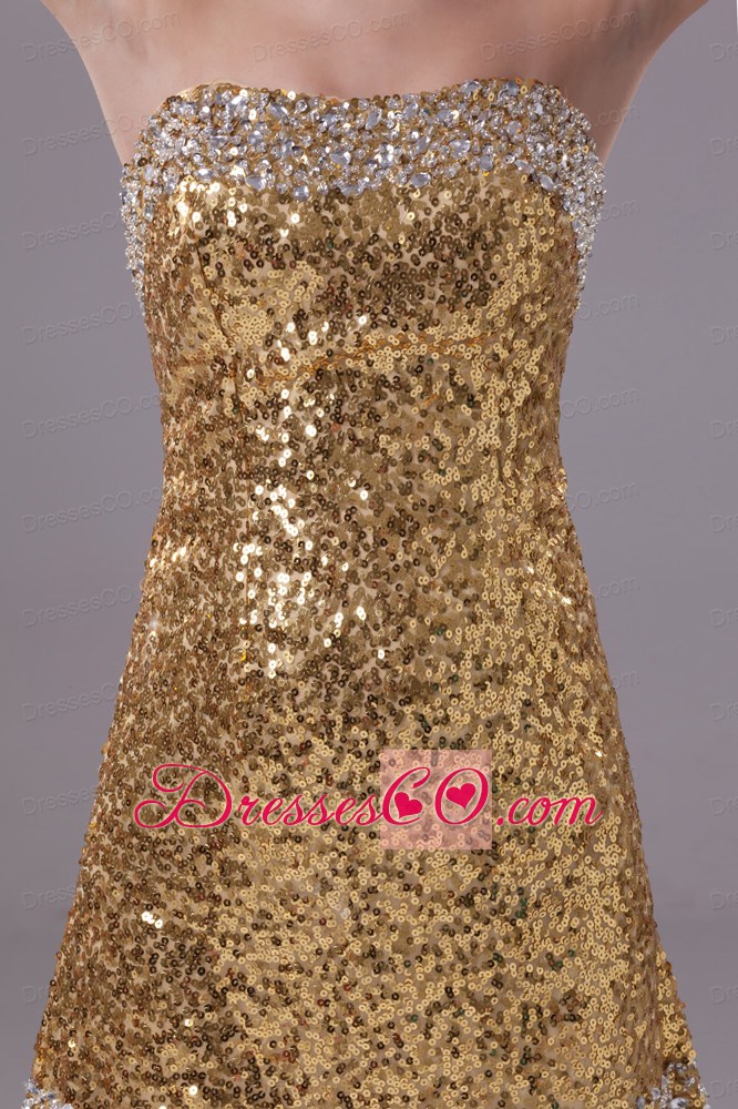 Column Gold Strapless Short Sequin Prom Dress