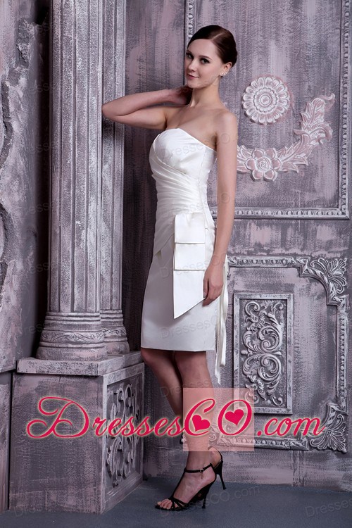 Elegant White Column Strapless Cocktail Dress Elastic Woven Satin Ruching Knee-length