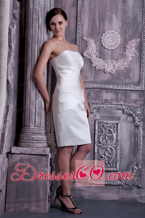 Elegant White Column Strapless Cocktail Dress Elastic Woven Satin Ruching Knee-length