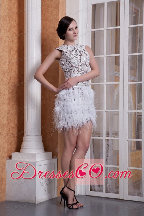 New Style White Column Scoop Feather Cocktail Dress Mini-length