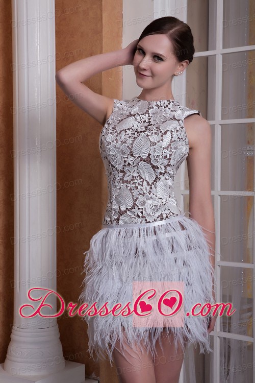 New Style White Column Scoop Feather Cocktail Dress Mini-length