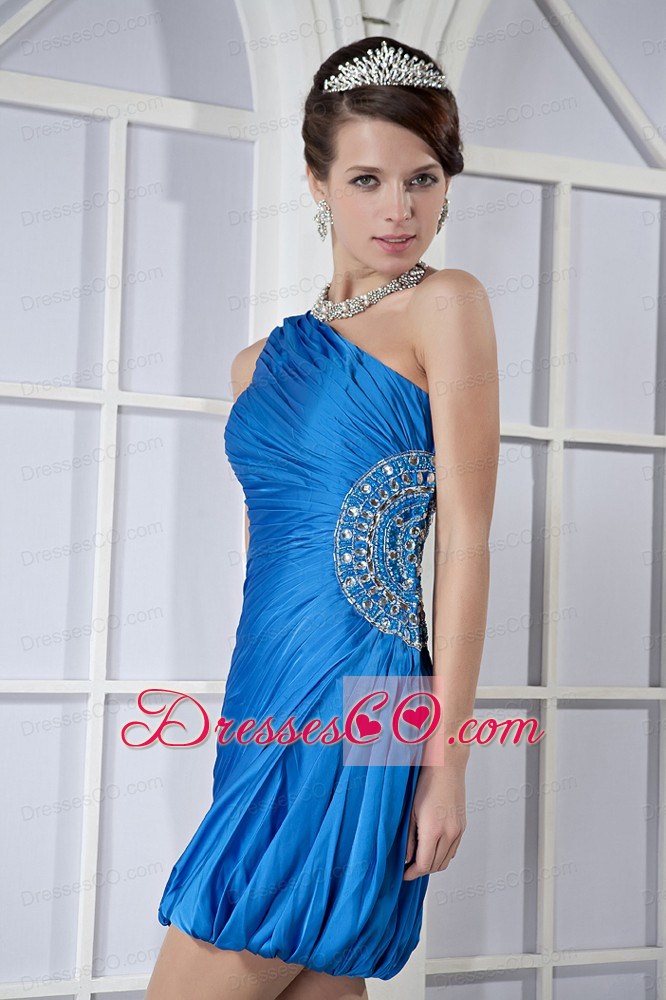 Blue Column One Shoulder Mini-length Taffeta Beading Prom Dress
