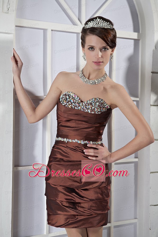 Brown Column Mini-length Taffeta Beading Prom Dress