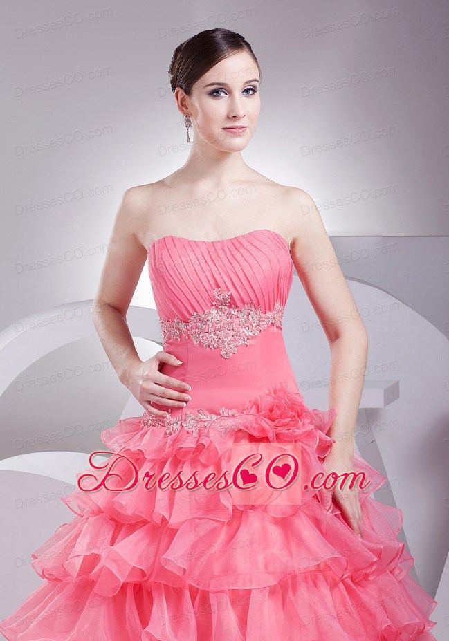 Appliques and Ruching Decorate Bodice Ruffled Layers Watermelon Red Prom Dress
