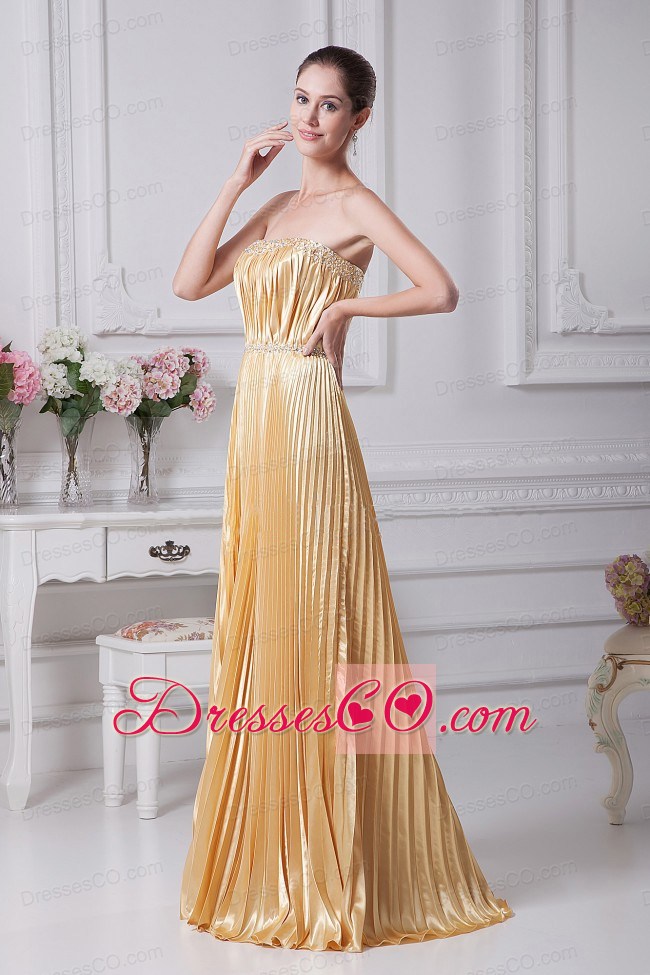 Pleat Over Skirt and Beading For Gold Prom Dress Custom Made