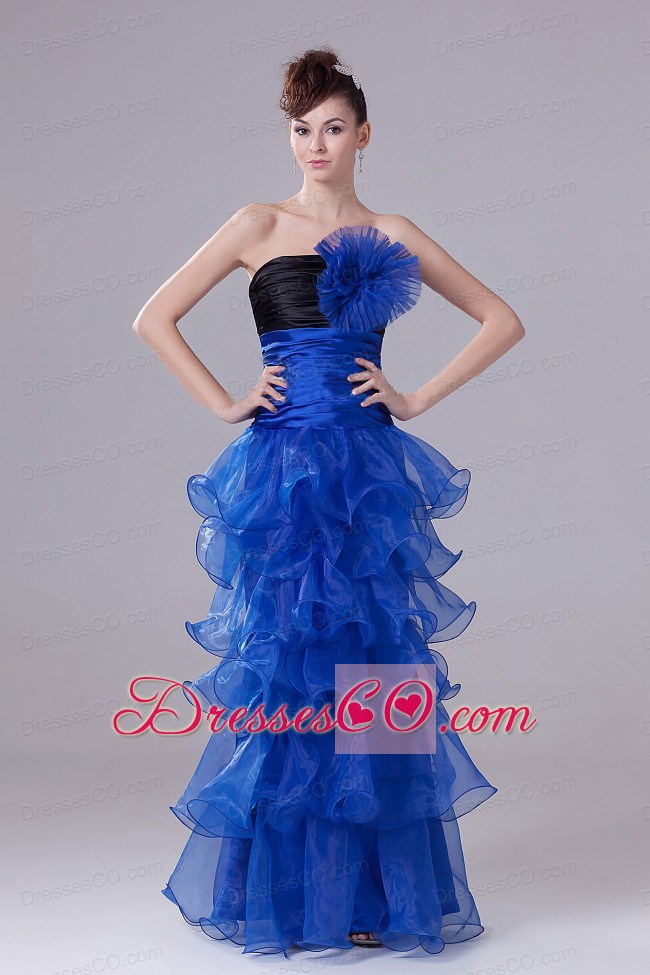 Royal Blue Prom Dress With Hand Made Flowers Ruffled Layers and Ruching
