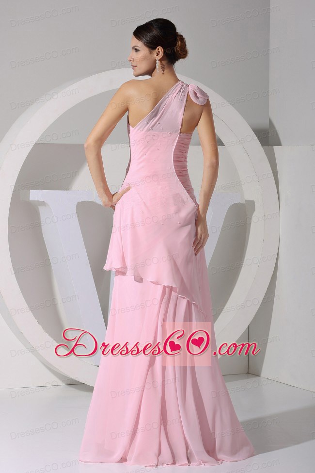 One Shoulder Pink Chiffon Long Prom Dress