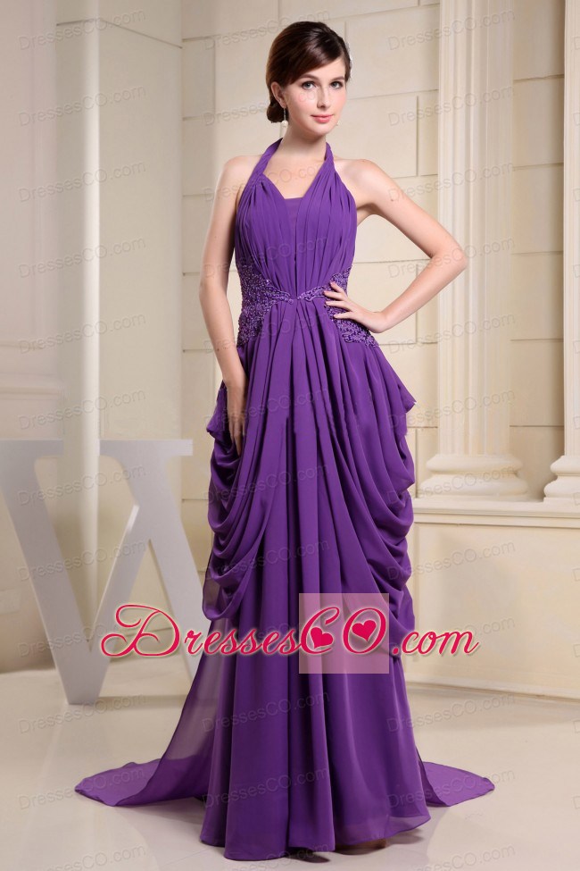 Purple Prom Dress With Halter Ruching and Appliques