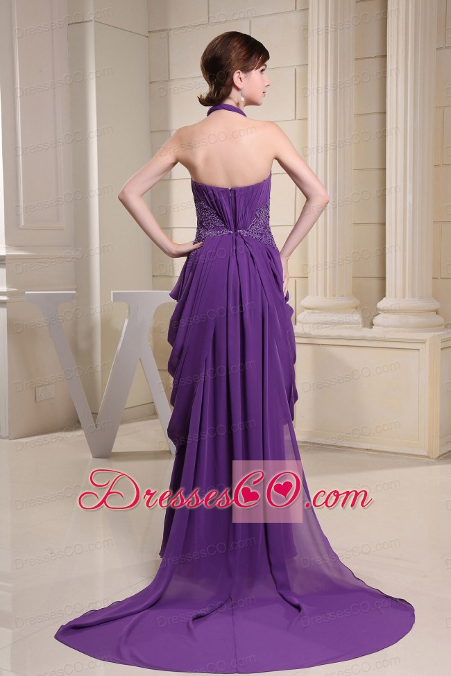 Purple Prom Dress With Halter Ruching and Appliques