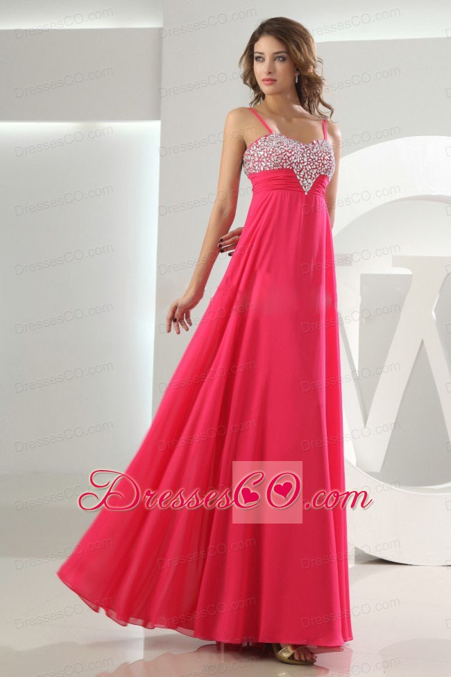 Beading Empire Chiffon Straps Long Prom Dress Coral Red