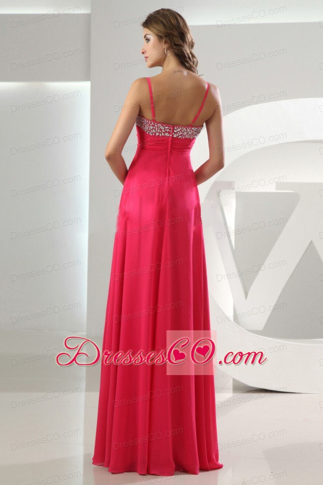 Beading Empire Chiffon Straps Long Prom Dress Coral Red