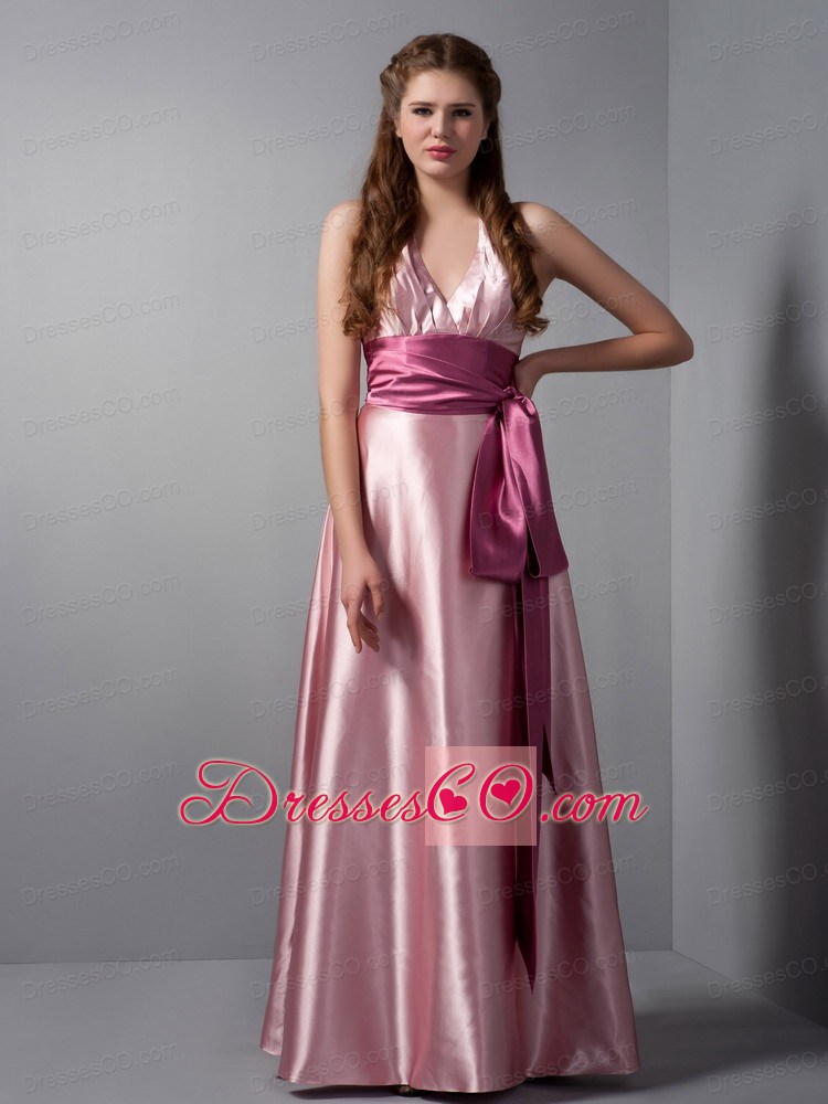 Customize Pink Column V-neck Sash Pageant Dress Long Elastic Woven Satin
