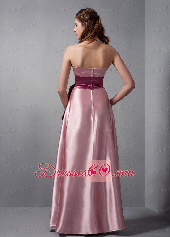 Customize Pink Column V-neck Sash Pageant Dress Long Elastic Woven Satin