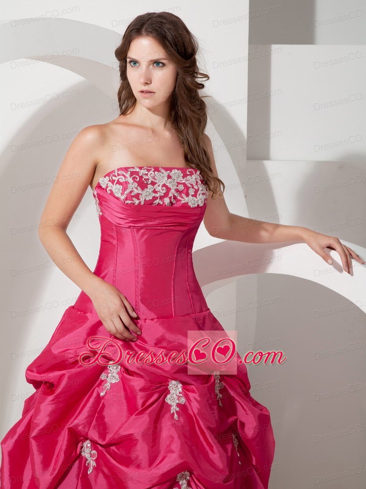 Popular Hot Pink A-line Strapless Appliques Prom Dress Long Taffeta