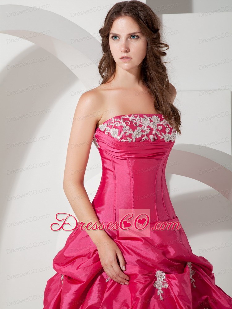 Popular Hot Pink A-line Strapless Appliques Prom Dress Long Taffeta