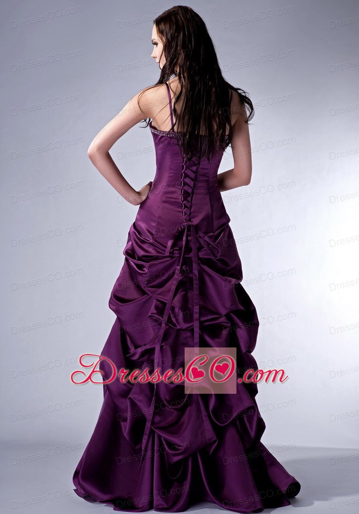 Custom Made Dark Purple Column Spaghetti Straps Prom Dress Satin Beading Long