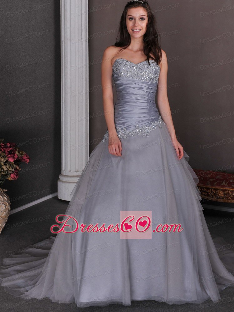 Grey A-line Court Train Taffeta and Tulle Appliques Prom Dress