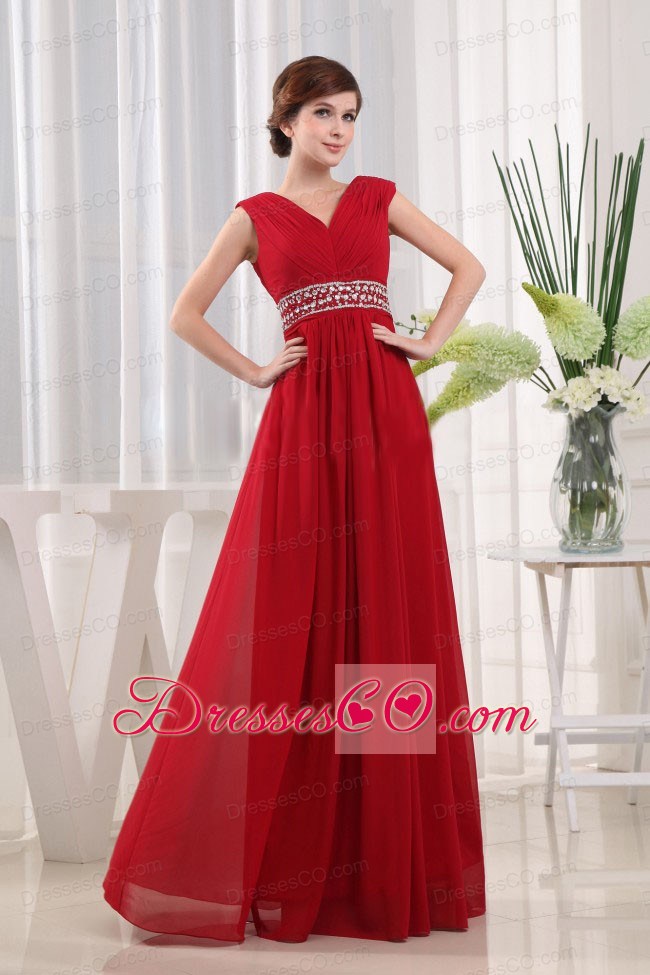 Empire V-neck Chiffon Long Beaded Decorate Waist Red Prom Dress