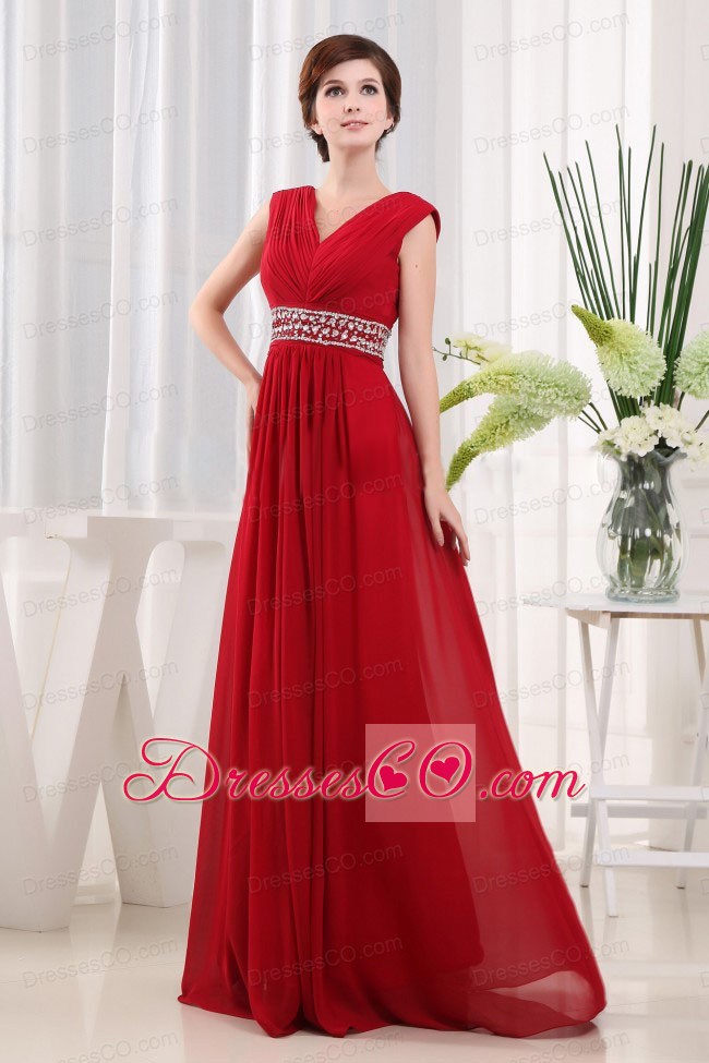 Empire V-neck Chiffon Long Beaded Decorate Waist Red Prom Dress
