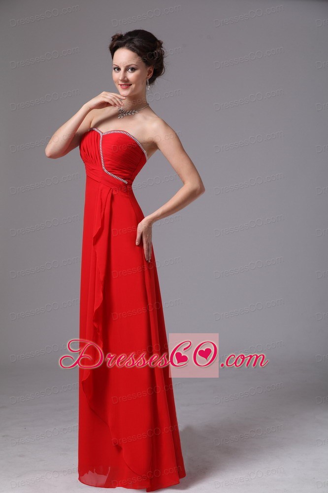 Red Beaded Ruching Chiffon Prom Dress For Prom Party