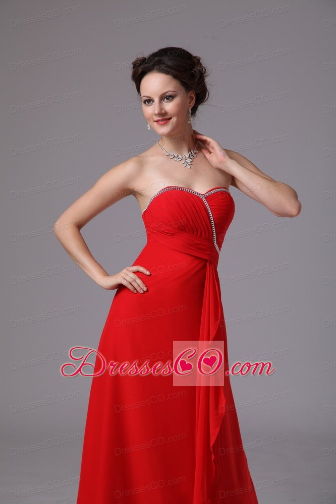 Red Beaded Ruching Chiffon Prom Dress For Prom Party