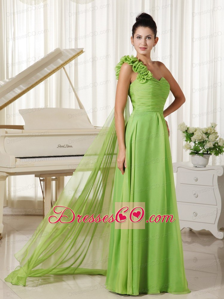 One Shoulder With Hand Made Flowers Chiffon Prom Dress Watteau Train Spring Green