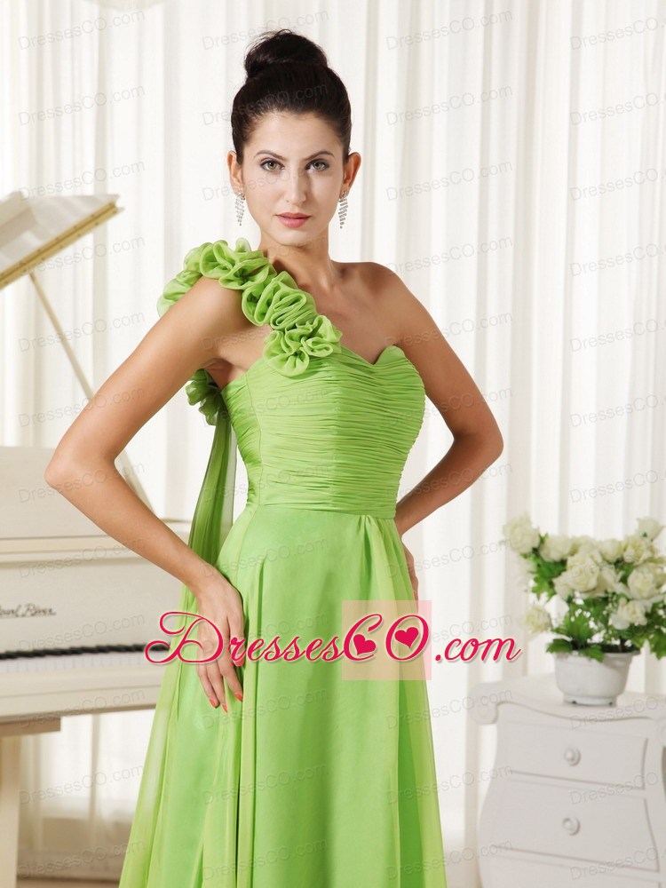 One Shoulder With Hand Made Flowers Chiffon Prom Dress Watteau Train Spring Green