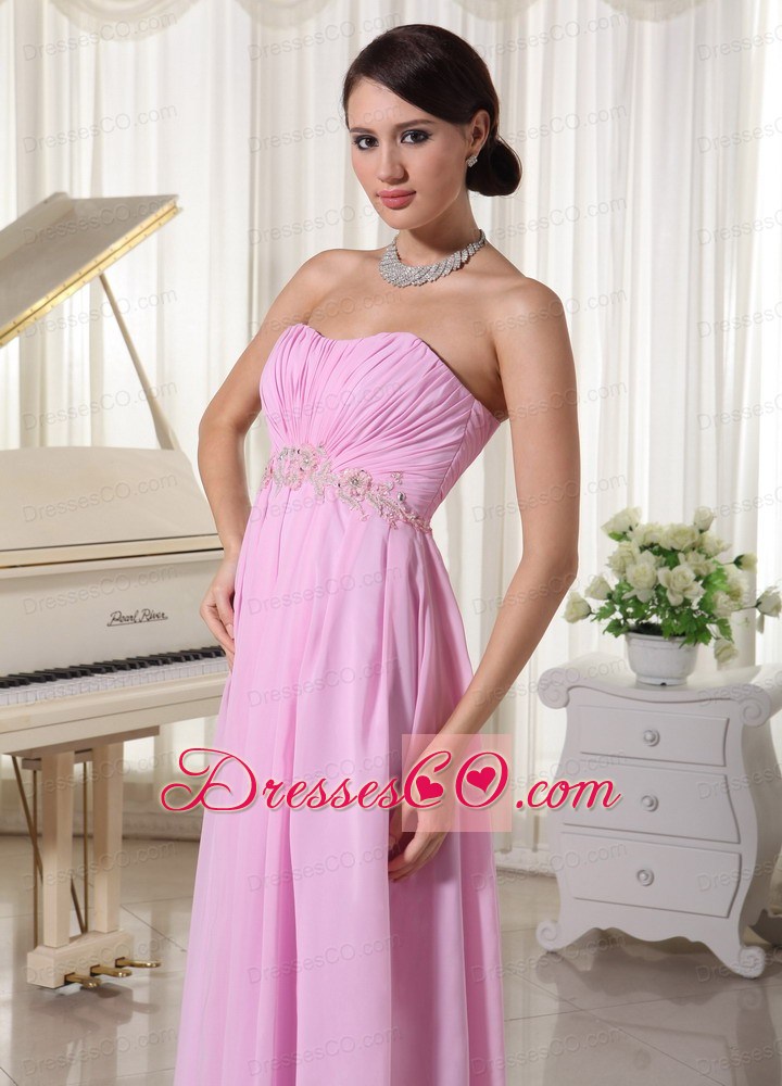 Baby Pink Chiffon Ruched Prom Dress With Appliques Decorate Waist