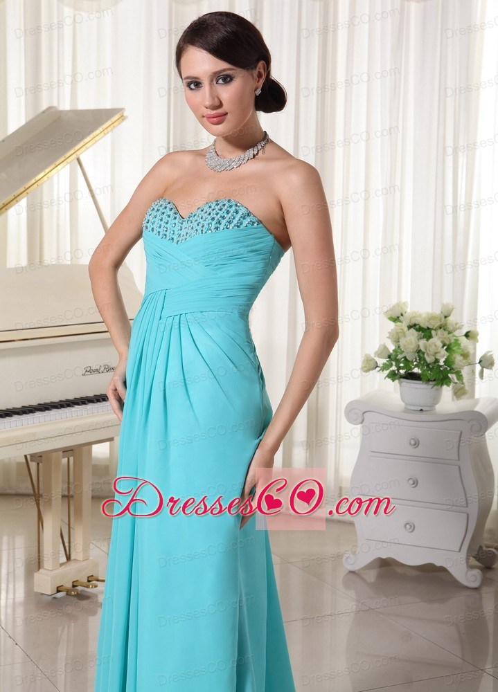 Aqua Blue Ruching Beaded Prom Dress With Brush Train Chiffon