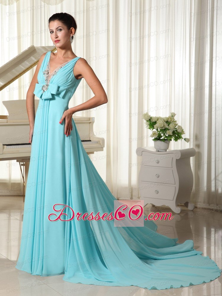 V-neck Hand Made Flower Decorate Bust Aqua Blue Prom Dress For Formal Evening