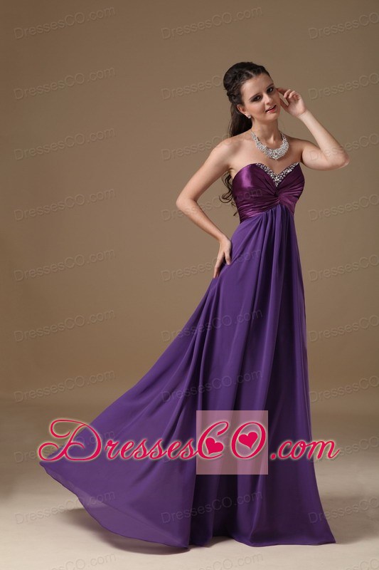 Purple Empire Long Taffeta And Chiffon Beading Prom Dress