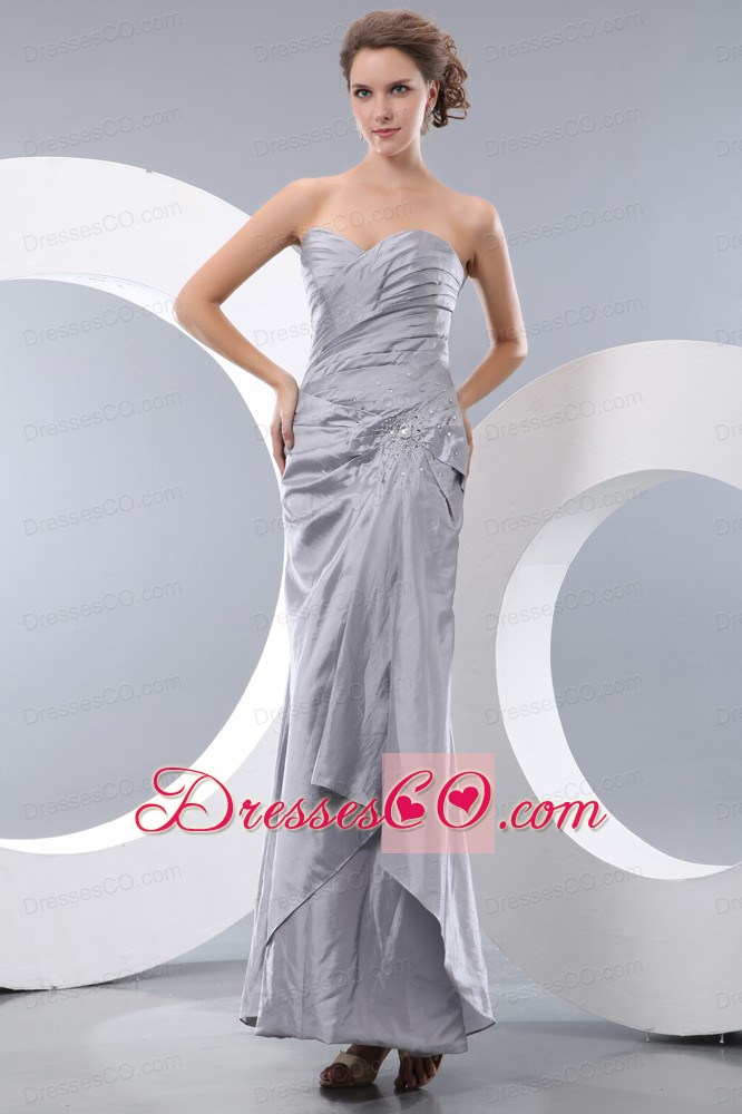 Unique Gray Column Prom Dress Ankle-length Taffeta Ruching And Beading