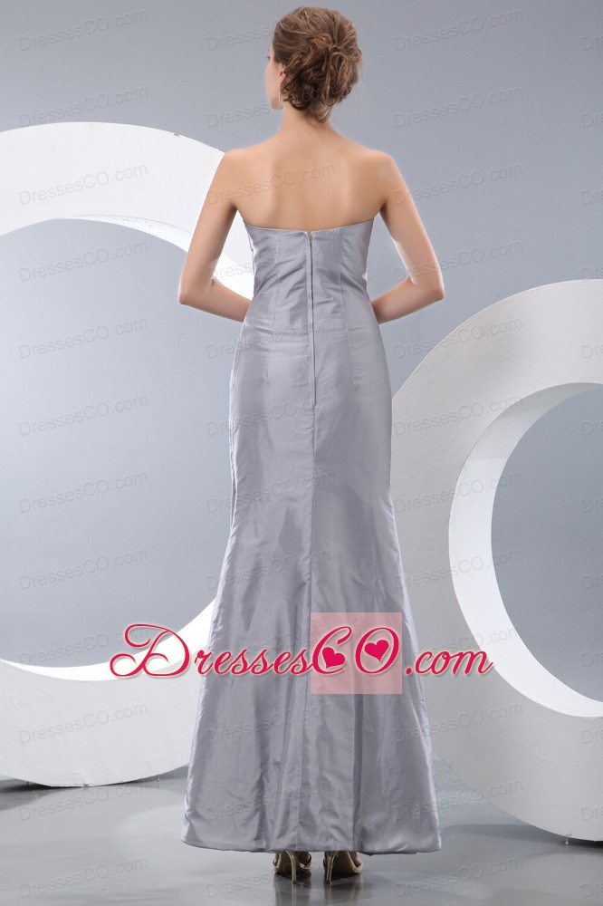 Unique Gray Column Prom Dress Ankle-length Taffeta Ruching And Beading