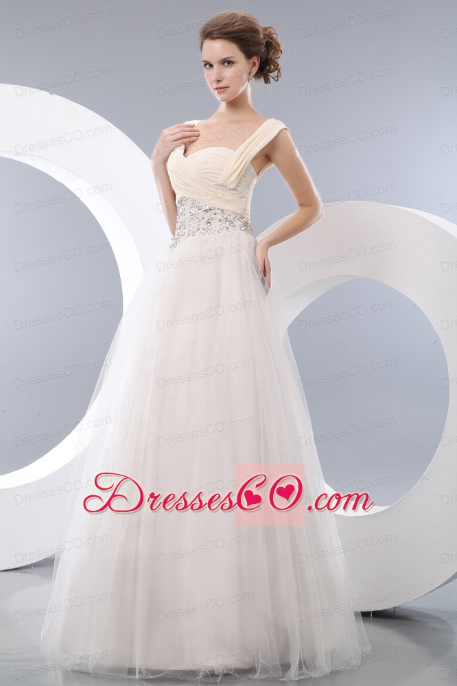 Beautiful White A-line Straps Prom / Evening Dress Tulle Beading Long