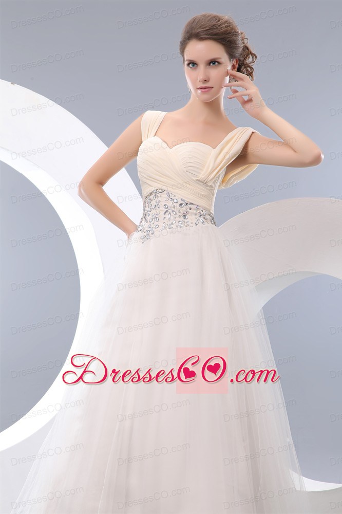 Beautiful White A-line Straps Prom / Evening Dress Tulle Beading Long