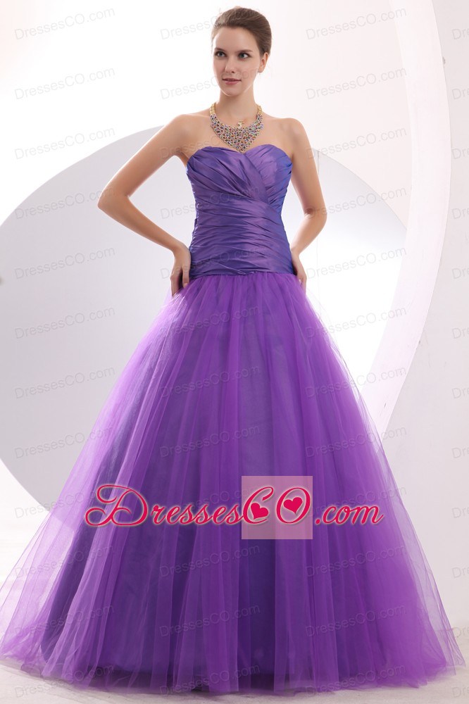 Cheap Purple Prom / Evening Dress Ruching A-line Long Tulle
