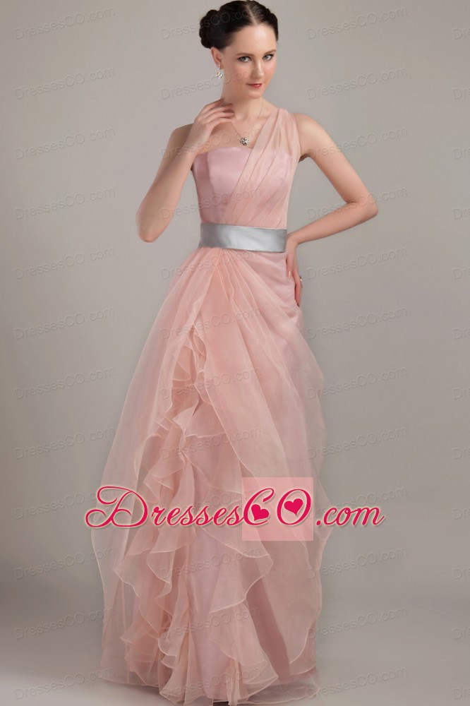 Light Pink Column / Sheath One Shoulder Long Organza Ruffles Prom Dress