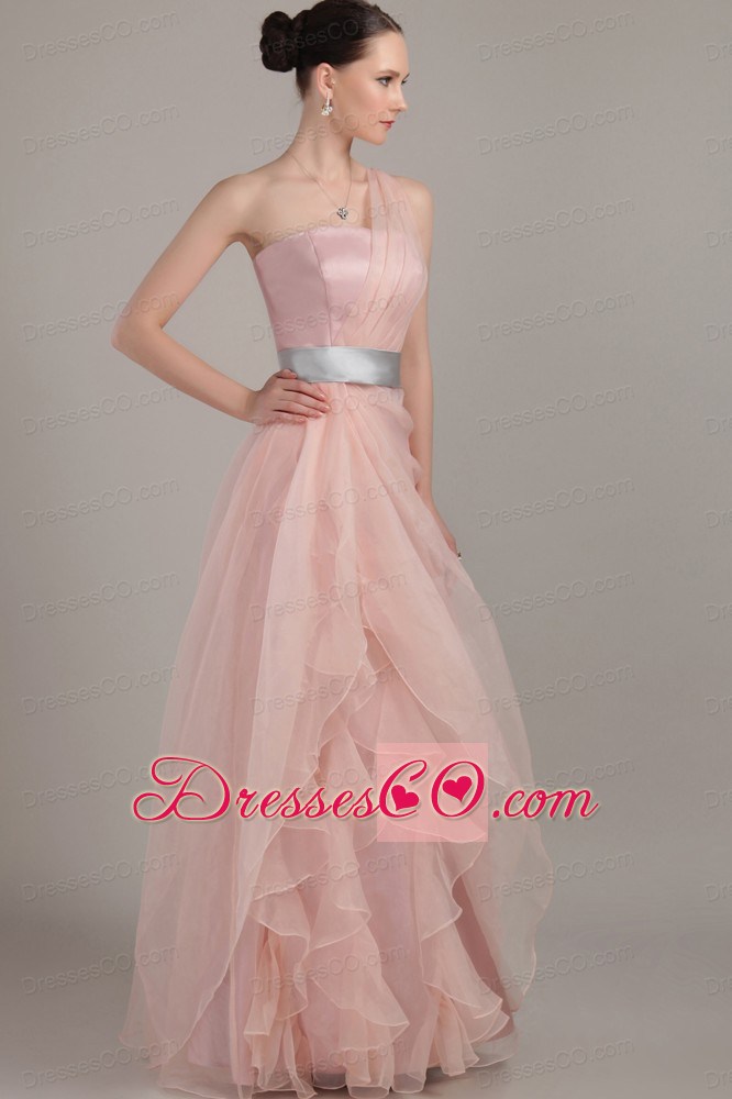 Light Pink Column / Sheath One Shoulder Long Organza Ruffles Prom Dress