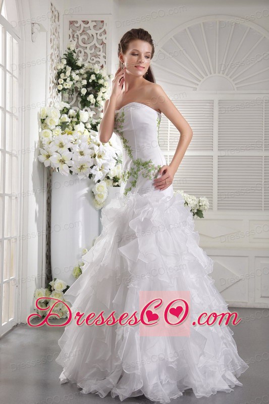 White Strapless Long Organza Appliques Prom / Evening Dress