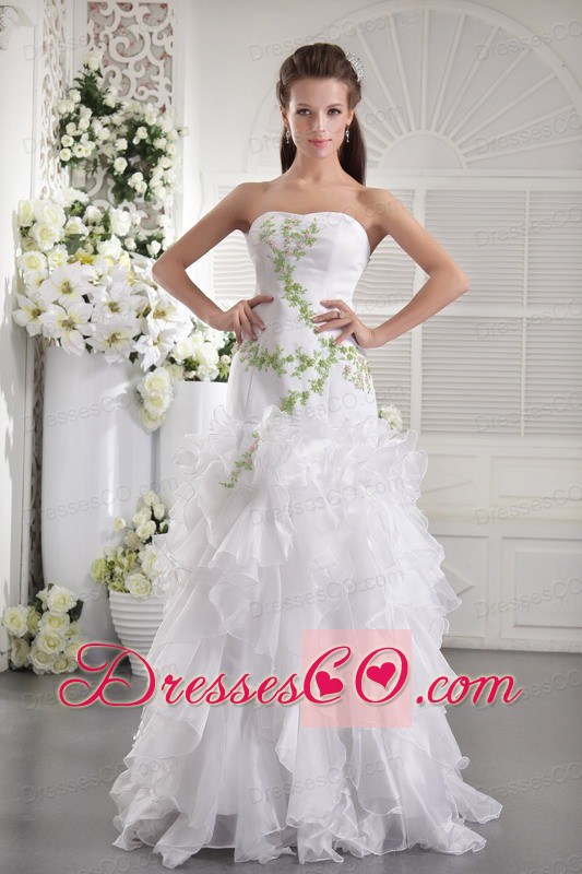 White Strapless Long Organza Appliques Prom / Evening Dress
