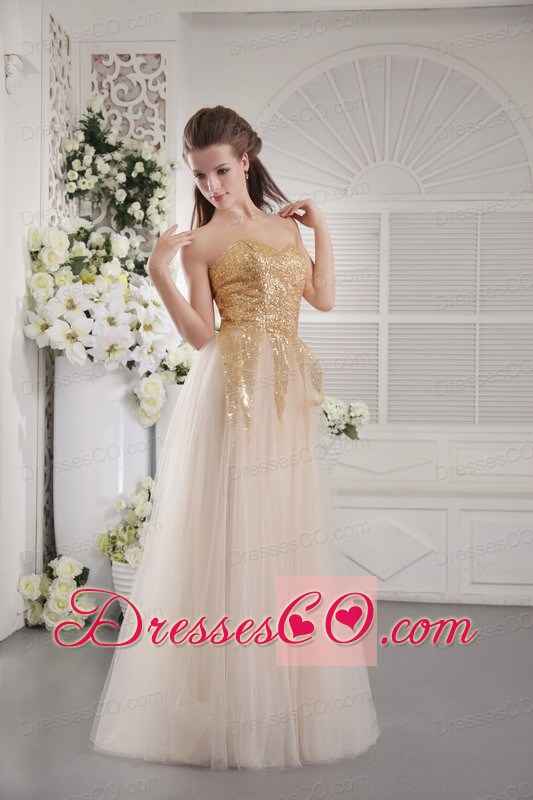 Champagne Empire Long Tulle Fabric Sequins Prom / Graduation Dress