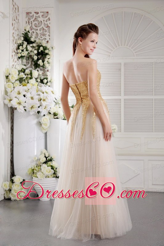 Champagne Empire Long Tulle Fabric Sequins Prom / Graduation Dress