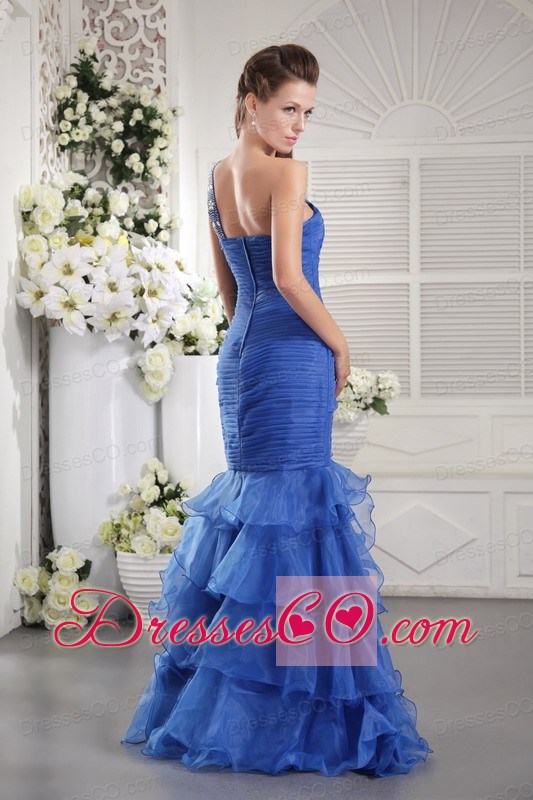 Blue Mermaid One Shoulder Long Organza Ruffles Prom / Graduation Dress