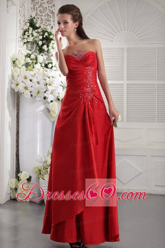 Red Column / Sheath Strapless Ankle-length Taffeta Beading Prom / Evening Dress