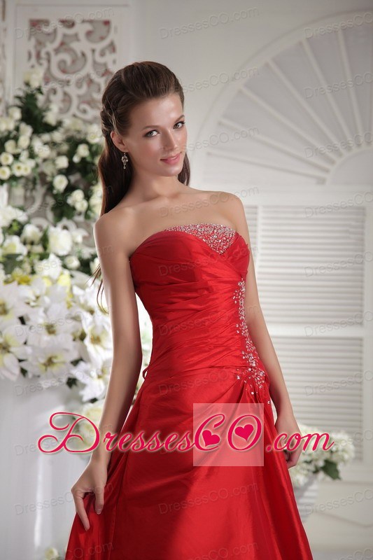 Red Column / Sheath Strapless Ankle-length Taffeta Beading Prom / Evening Dress