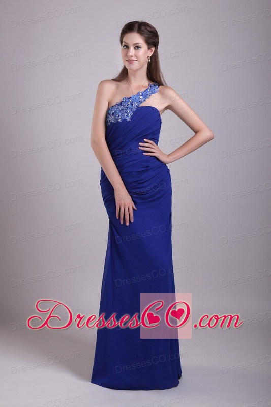 Blue Column/sheath One Shoulder Long Chiffon Appliques Prom Dress
