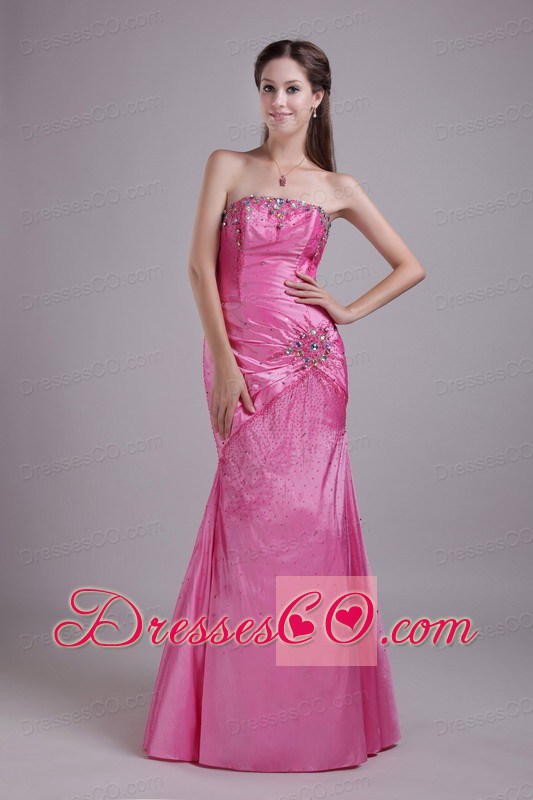 Rose Pink Column/sheath Strapless Long Taffeta Rhinestone Prom Dress
