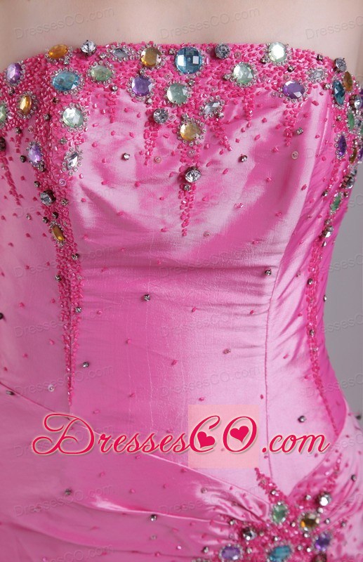 Rose Pink Column/sheath Strapless Long Taffeta Rhinestone Prom Dress