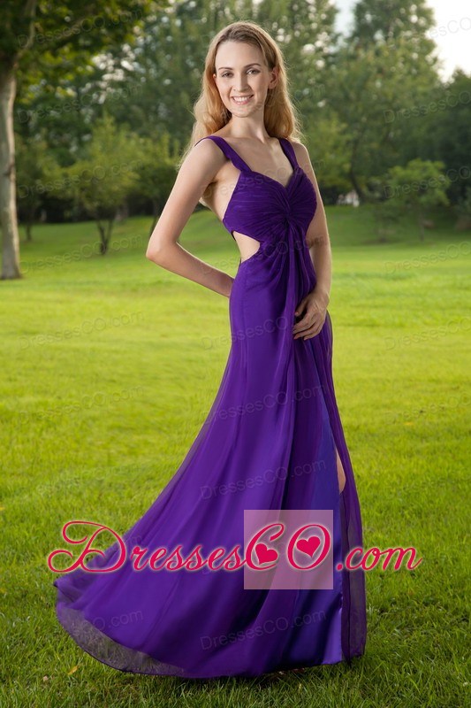 Purple Empire Straps Long Chiffon And Taffeta Prom Dress