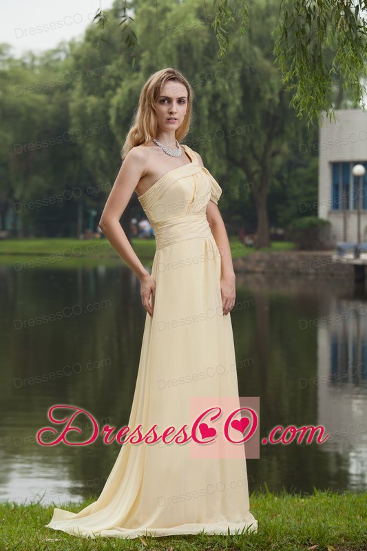 Light Yellow Empire One Shoulder Brush / Sweep Chiffon Ruched Prom Dress